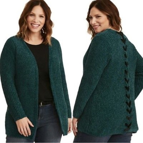 torrid Sweaters - Emerald Chenille Lace Up Back Cardigan Torrid